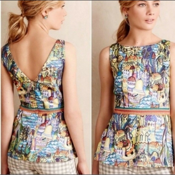 Anthropologie Tops - Anthropologie Weston Wear Multicolor Cityscape Peplum Blouse Size L